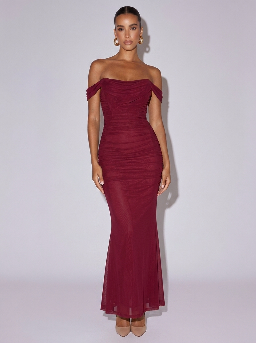 Monaco Off-Shoulder Ruched Mermaid Dress in Burgundy