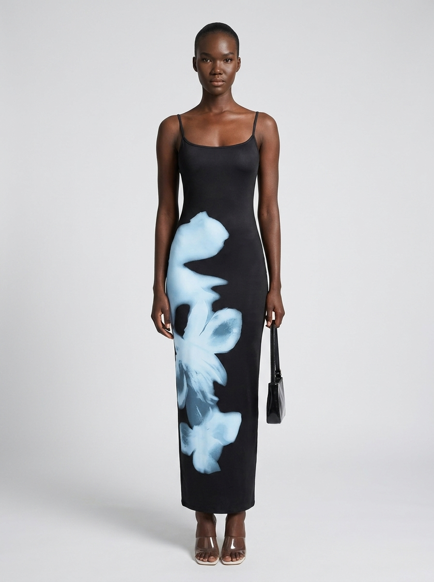 Printed Bodycon Spaghetti Strap Maxi Dress in black, front view