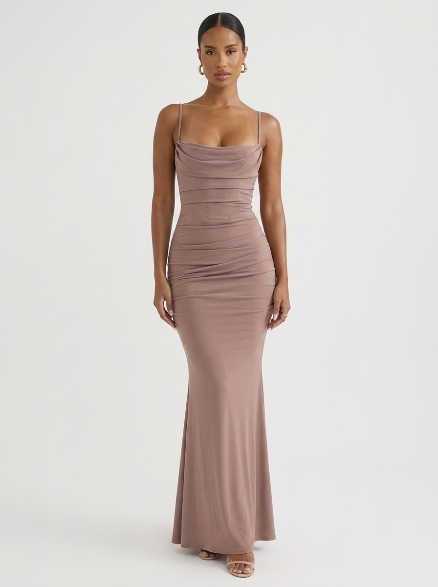 Monaco Ruched Spaghetti Strap Bodycon Dress in Khaki