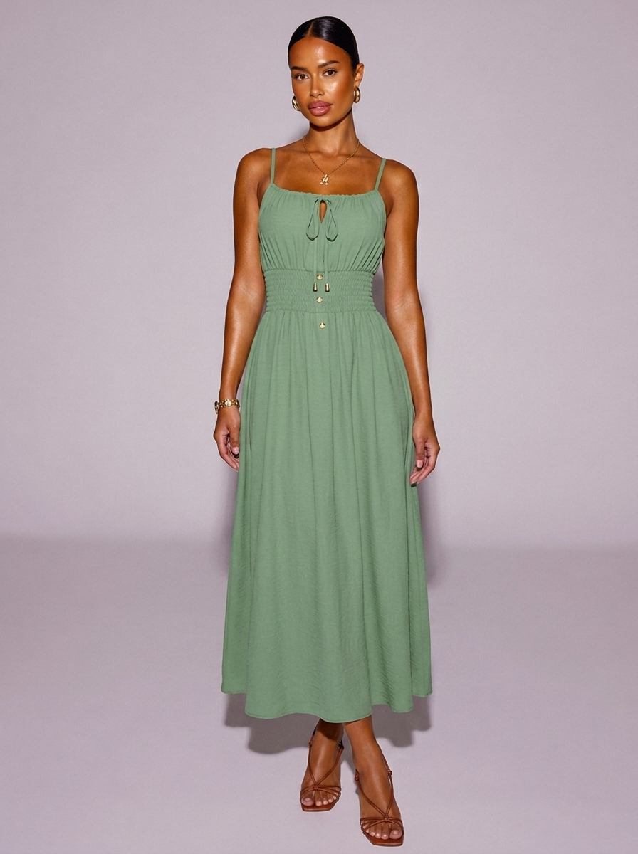 New York Smocked Spaghetti Strap Dress in Matcha Green