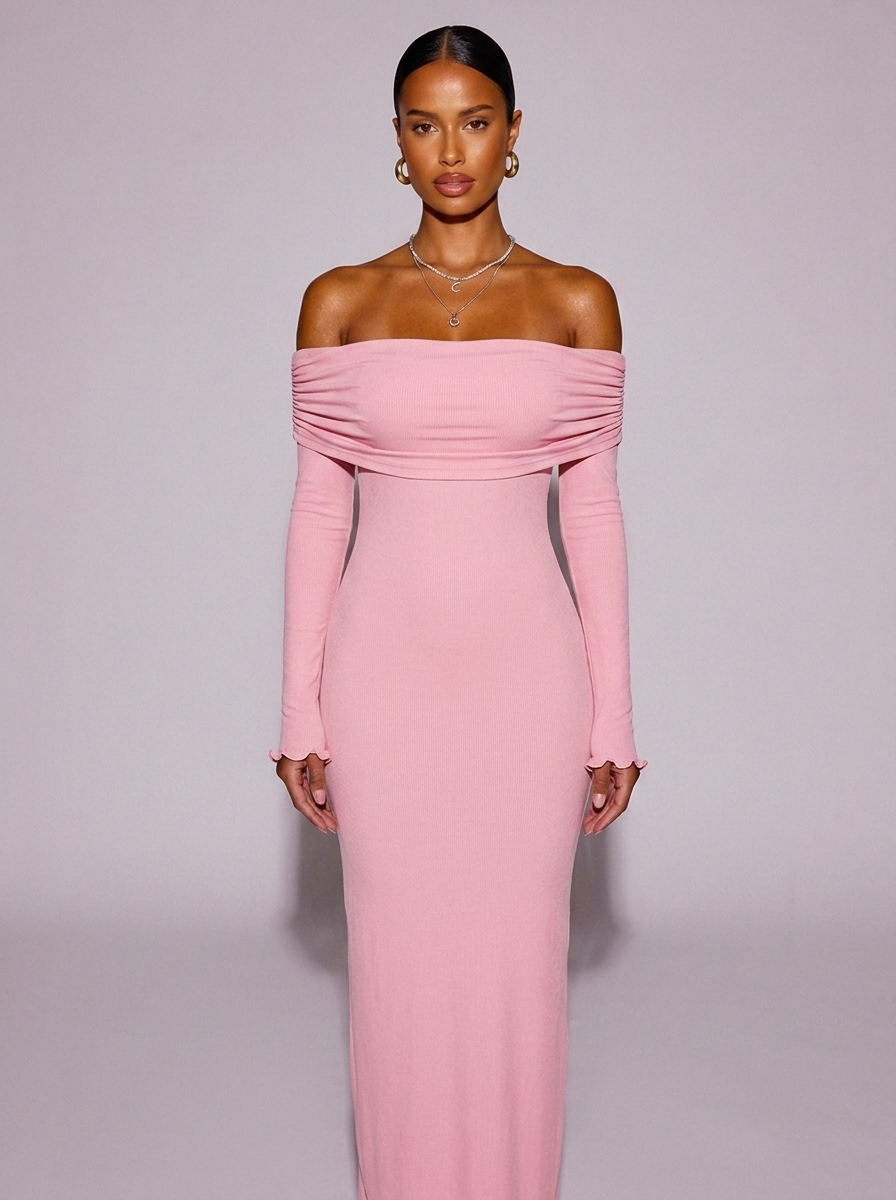 Santorini Off-Shoulder Ruched Long Sleeve Dress in Pink