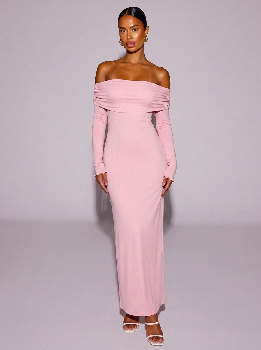Santorini Off-Shoulder Ruched Long Sleeve Dress in Pink