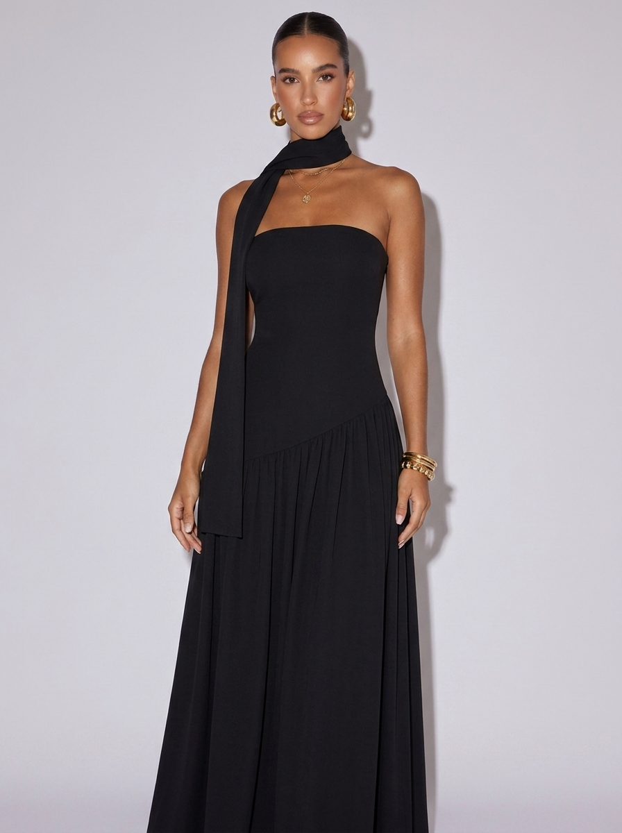 Monaco Slit Tube Scarf Dress in Black