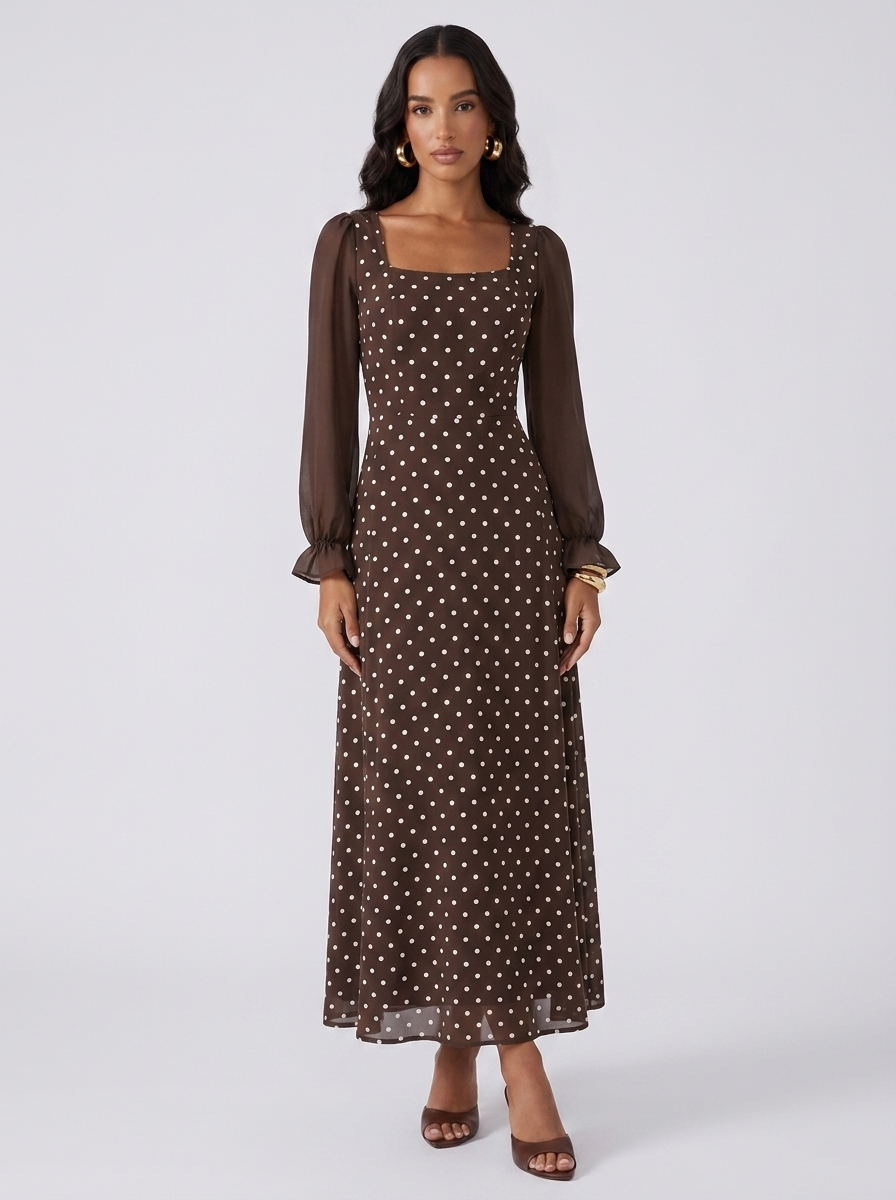 Amsterdam Polka Dot Square Neck Dress in Brown