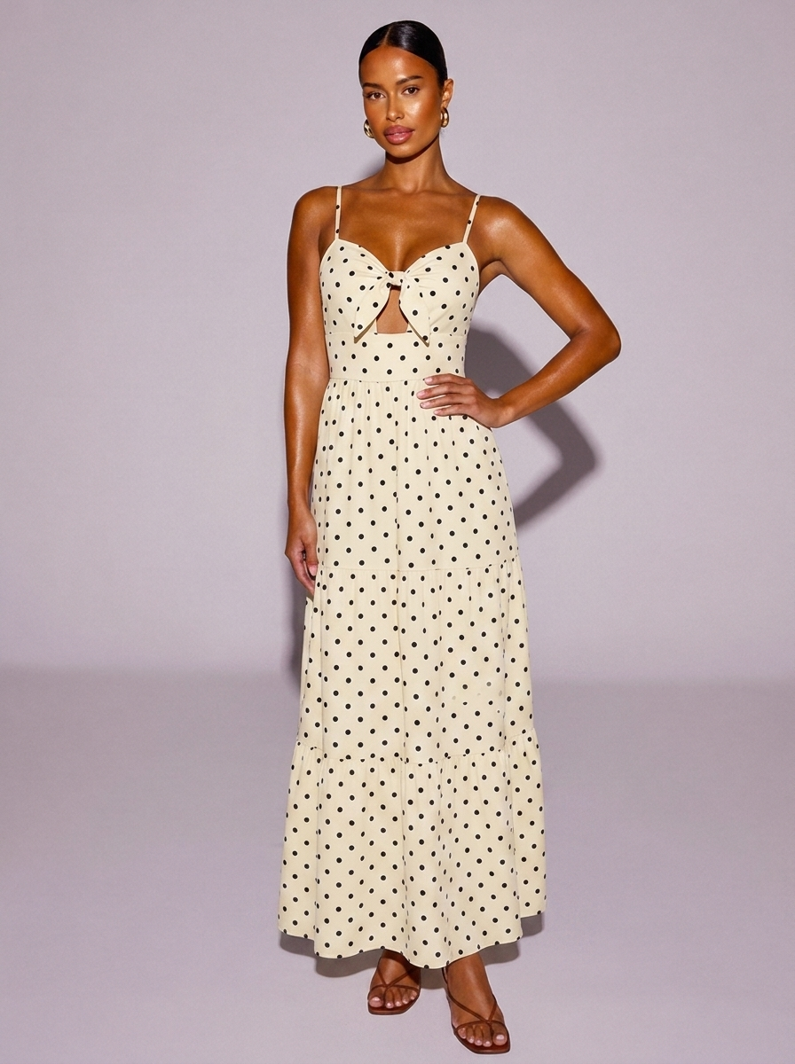 Paris Polka Dot Tie-Front Cutout Dress in Cream