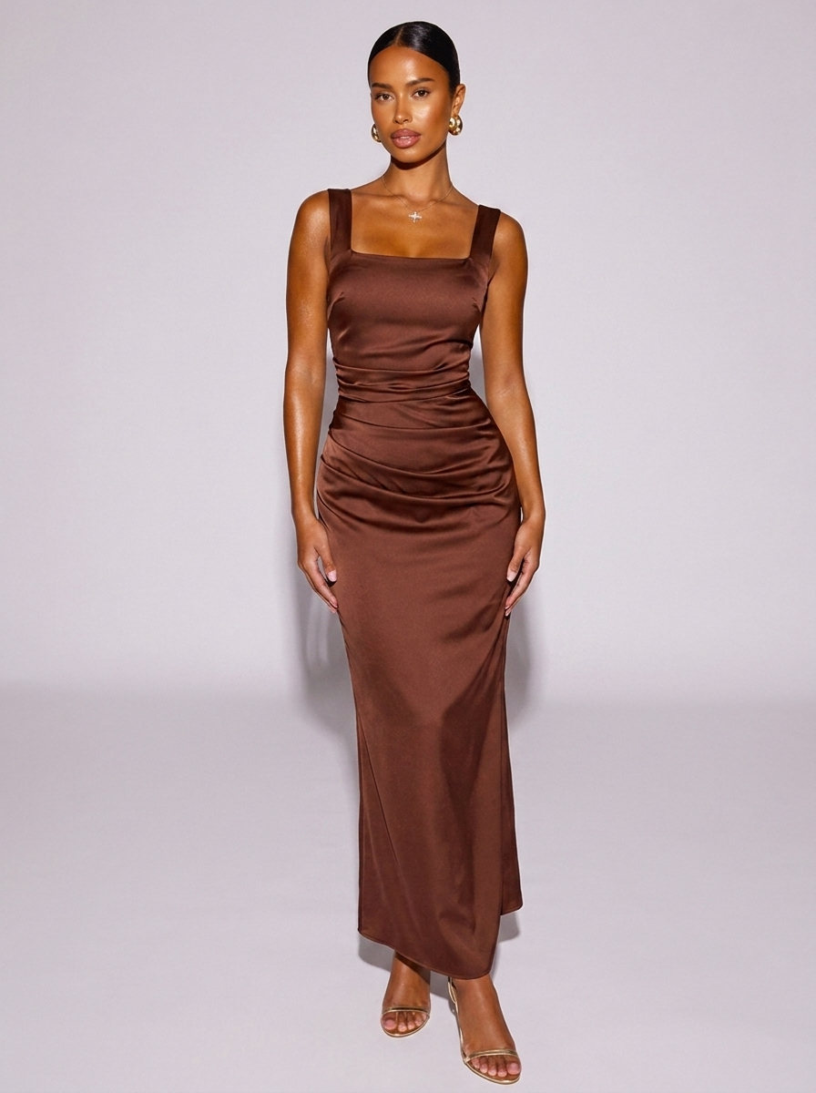 New York Wide Strap Satin Dress in Brown