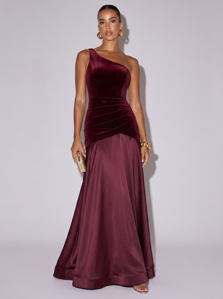 Monaco Single Shoulder Floor Length Dress in Wine Red