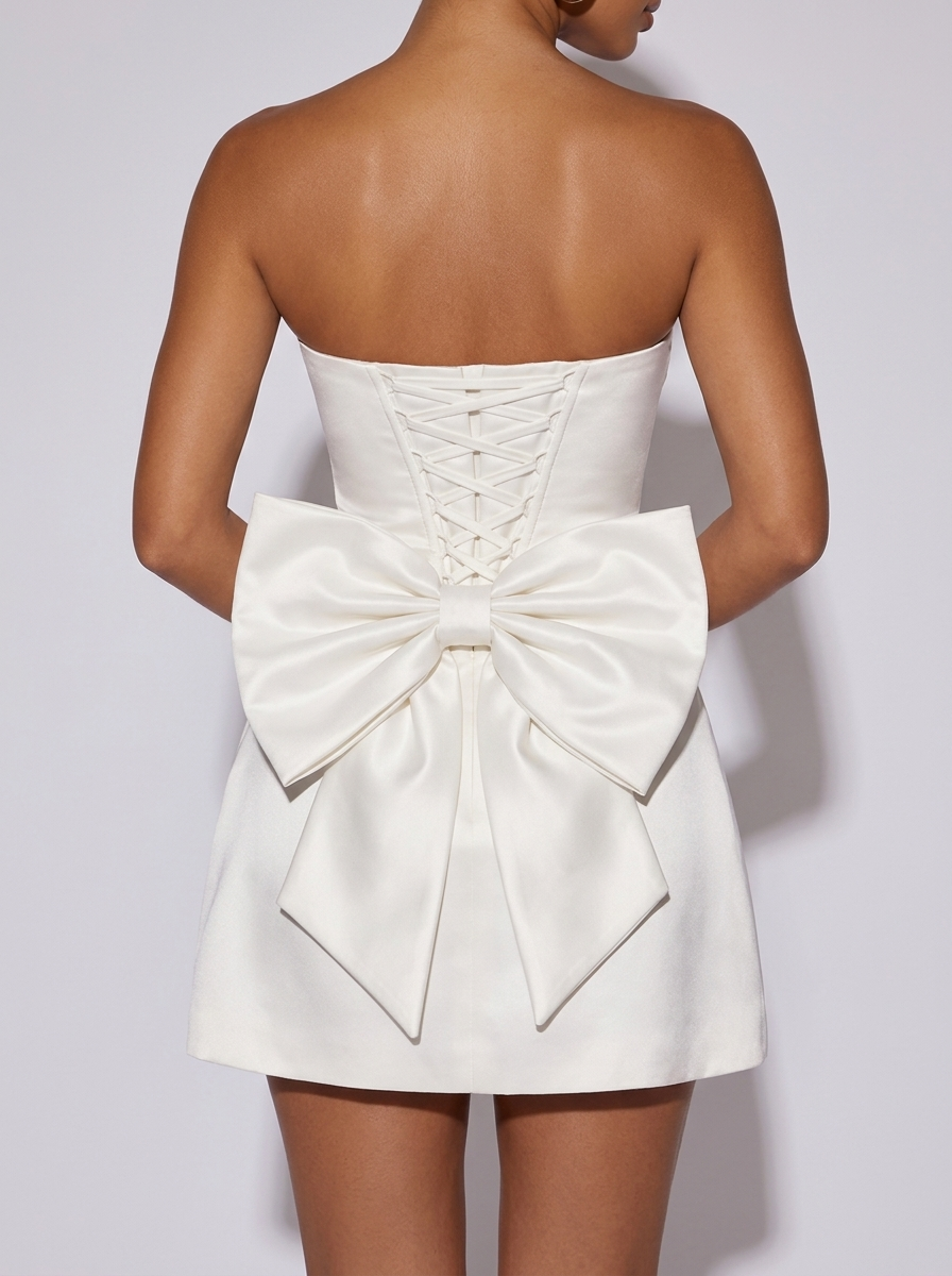 Paris Lace-Up Sleeveless Satin Bow Dress in White