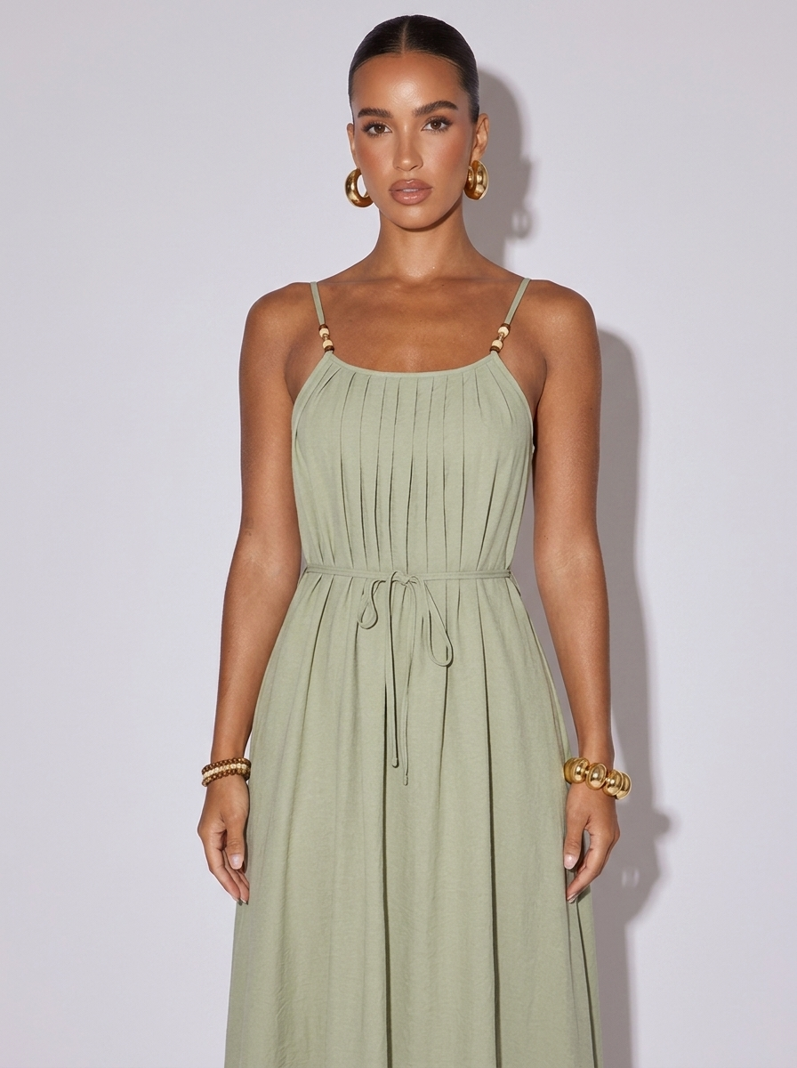 Ibiza Pleated Adjustable Strap Dress in Sage