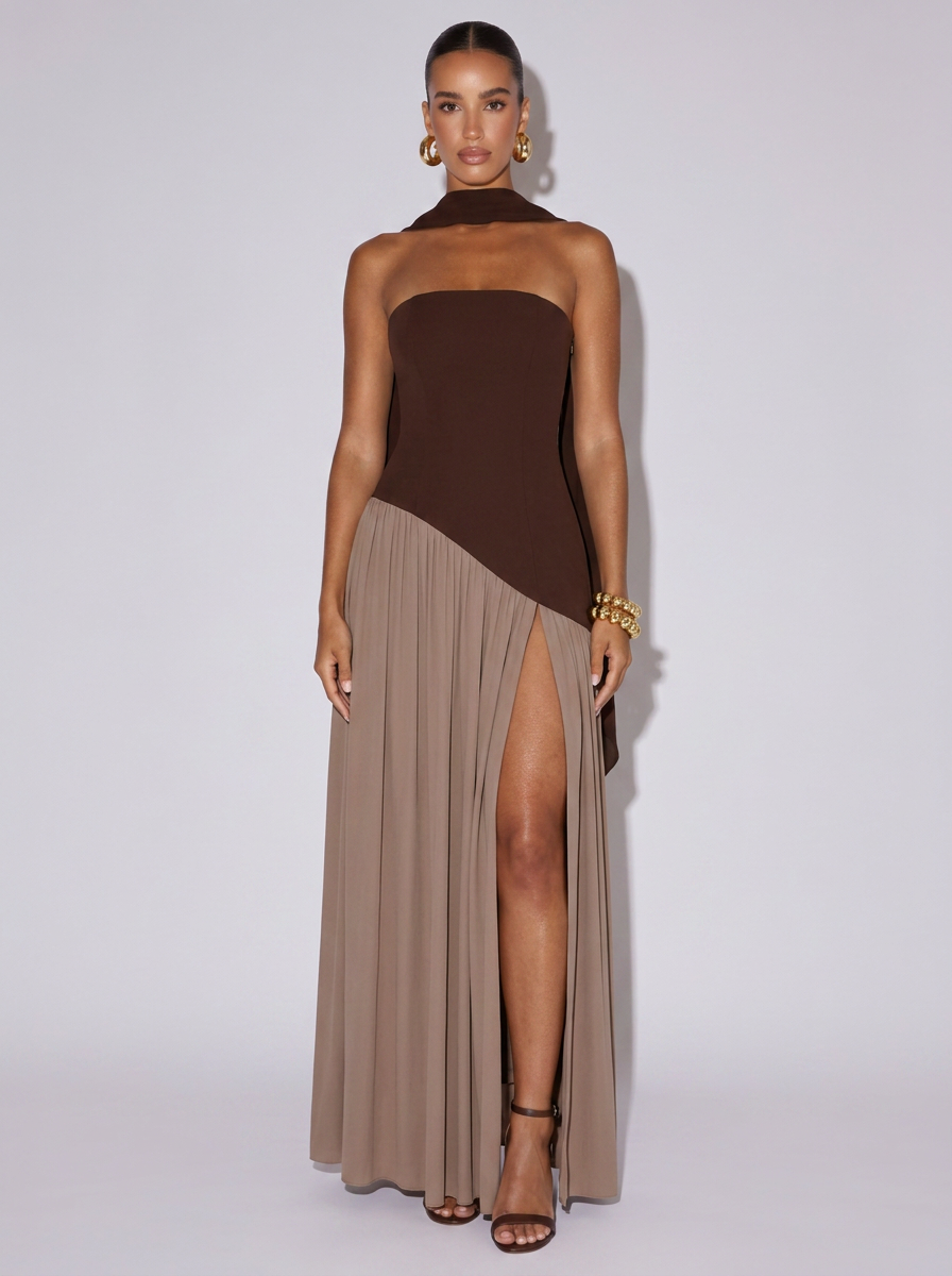 Monaco Slit Asymmetrical Two-Tone Tube Dress in Brown