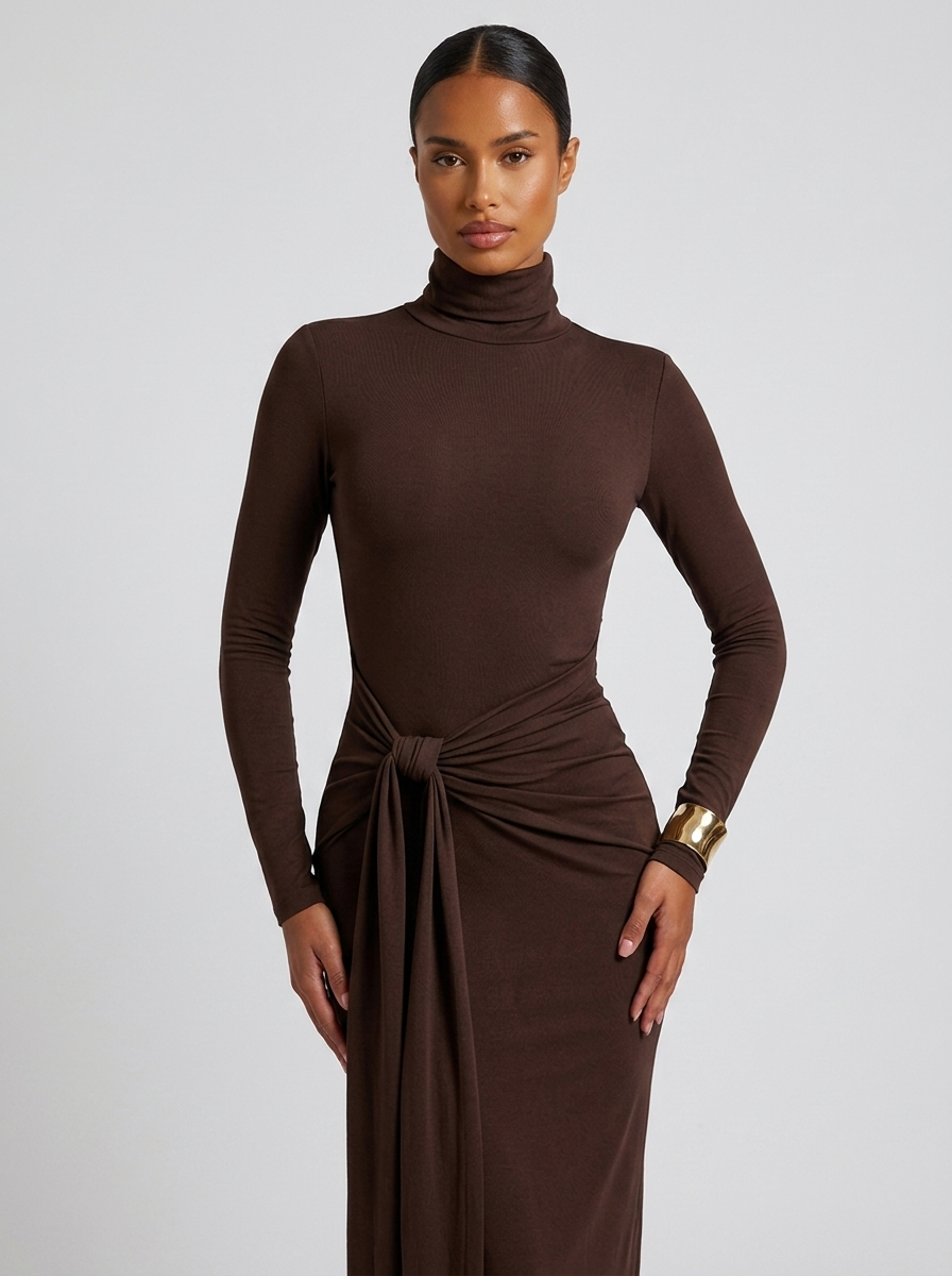 New York Turtleneck Long Sleeve Tie Waist Dress in Coffee Brown