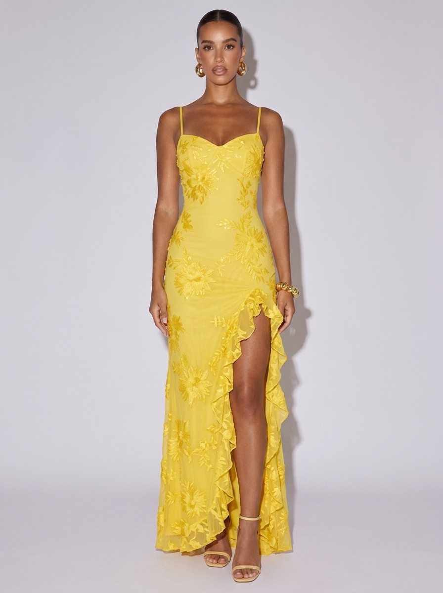 Miami Ruffled Trim Slit Floral Dress in Yellow