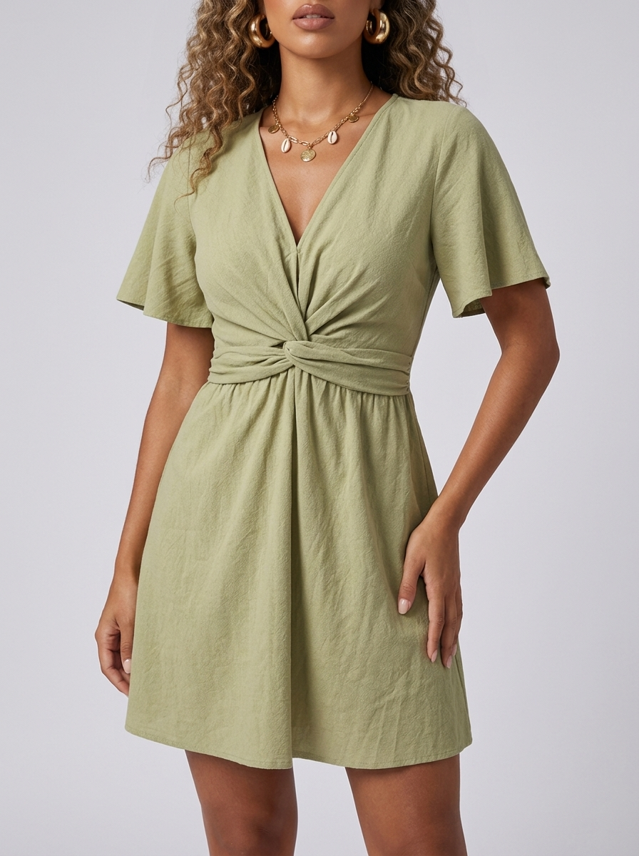 Amsterdam Twist Waist Flutter Sleeve Dress in Sage