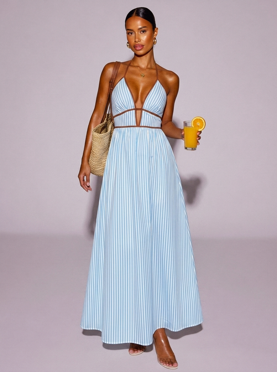 Santorini Tied Cotton-Blend Striped Halter Neck Dress in Blue