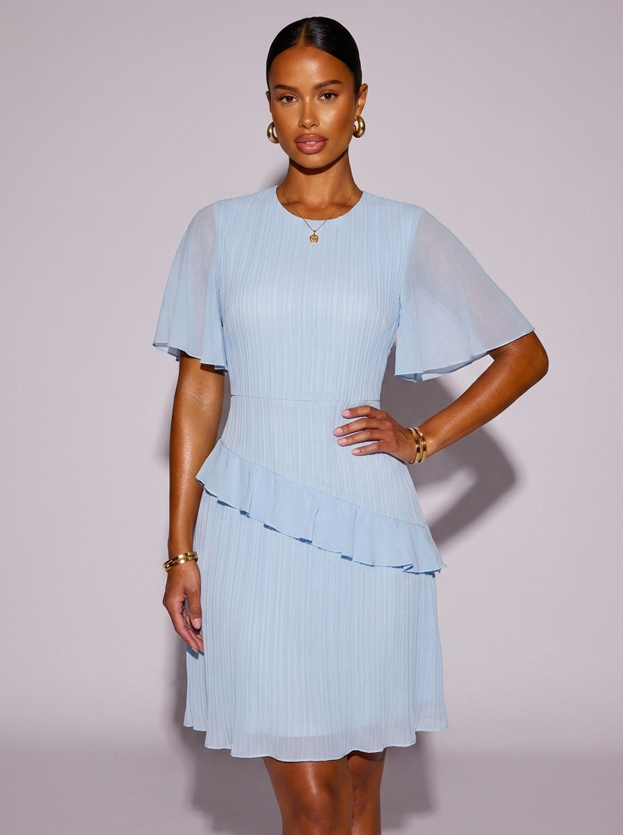 Amsterdam Ruffled Flutter Sleeve Dress in Light Blue