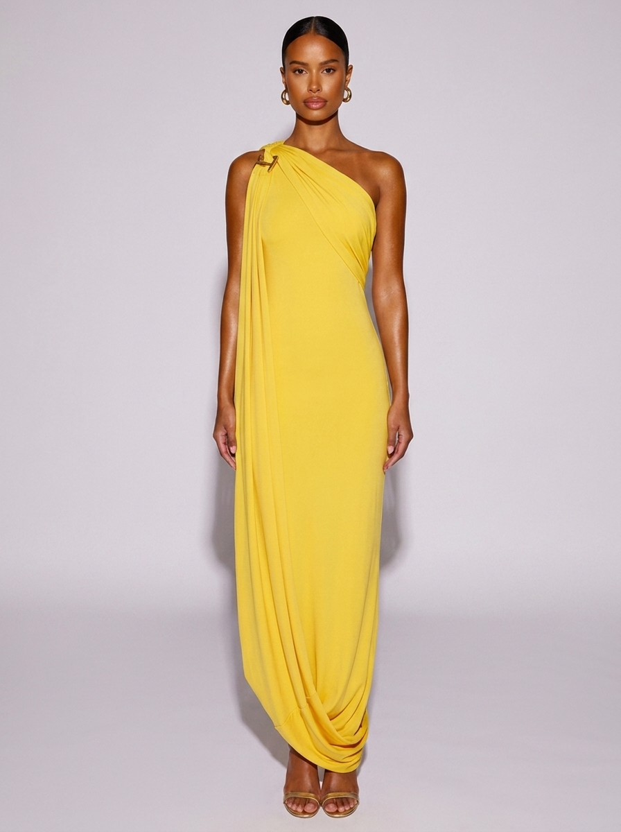 Los Angeles One-Shoulder Draped Dress in Yellow