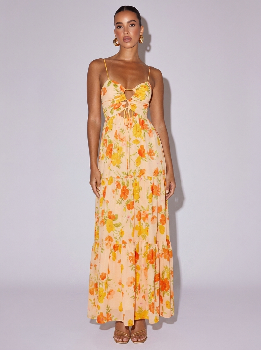 Ibiza Floral Print Tie Dress in Sherbet