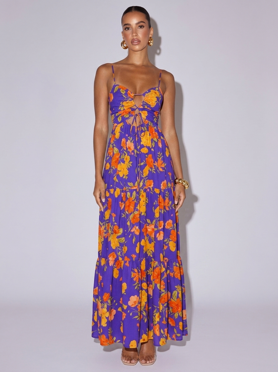 Ibiza Floral Print Tie Dress in Vivid Violet