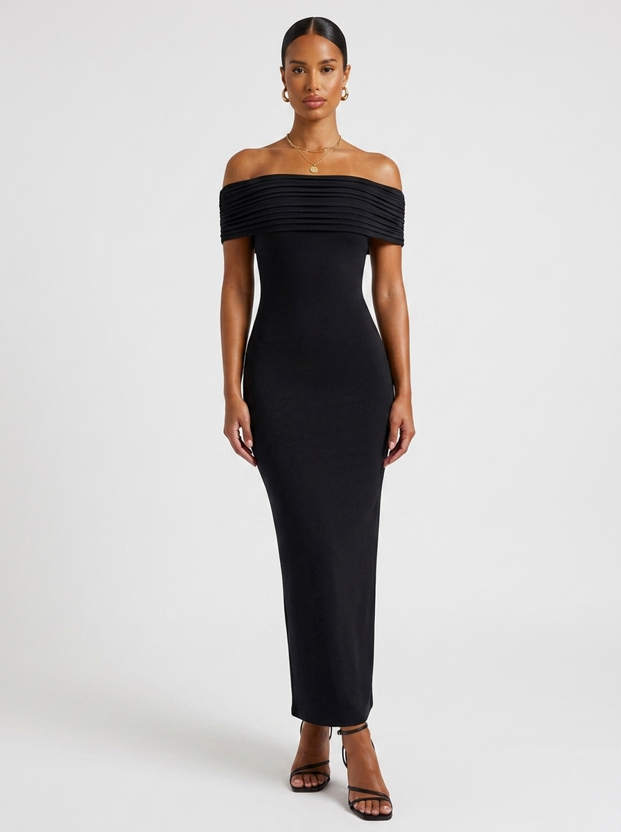 London Off-Shoulder Bodycon Dress in Dark Blue