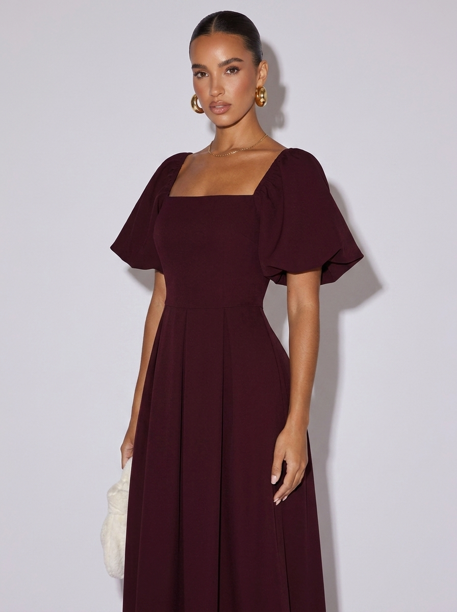 Paris Square Neck Flutter Sleeve Dress in Burgundy