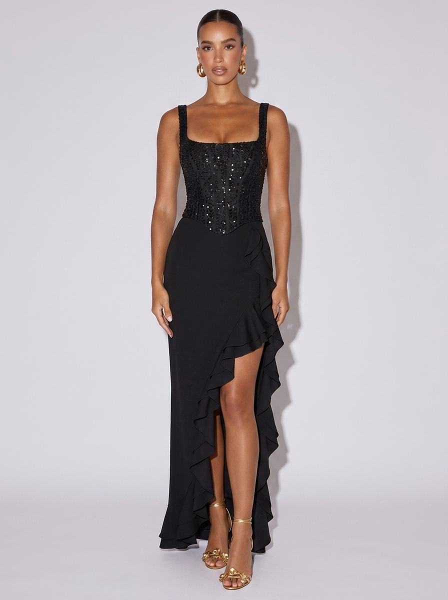Los Angeles Sequin Ruffle Dress in Black