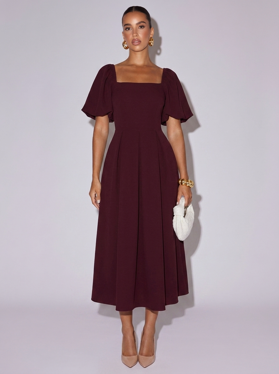Paris Square Neck Flutter Sleeve Dress in Burgundy