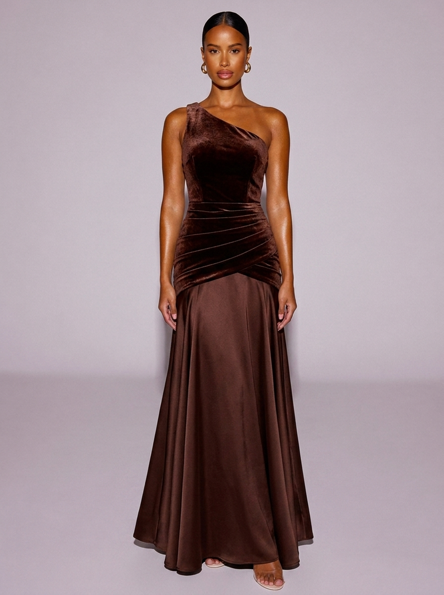 Monaco Velvet One-Shoulder Mermaid Dress in Brown