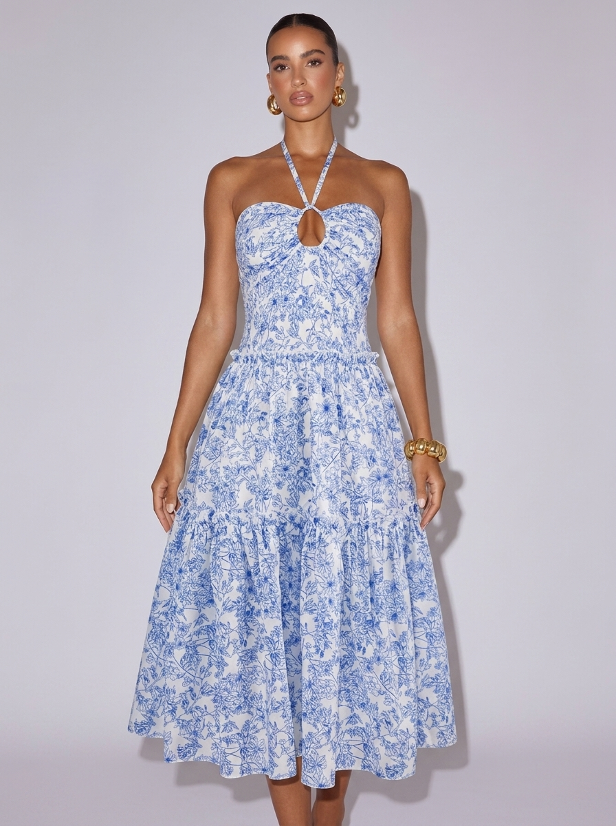 Santorini Floral Print Halter Neck Dress in Blue