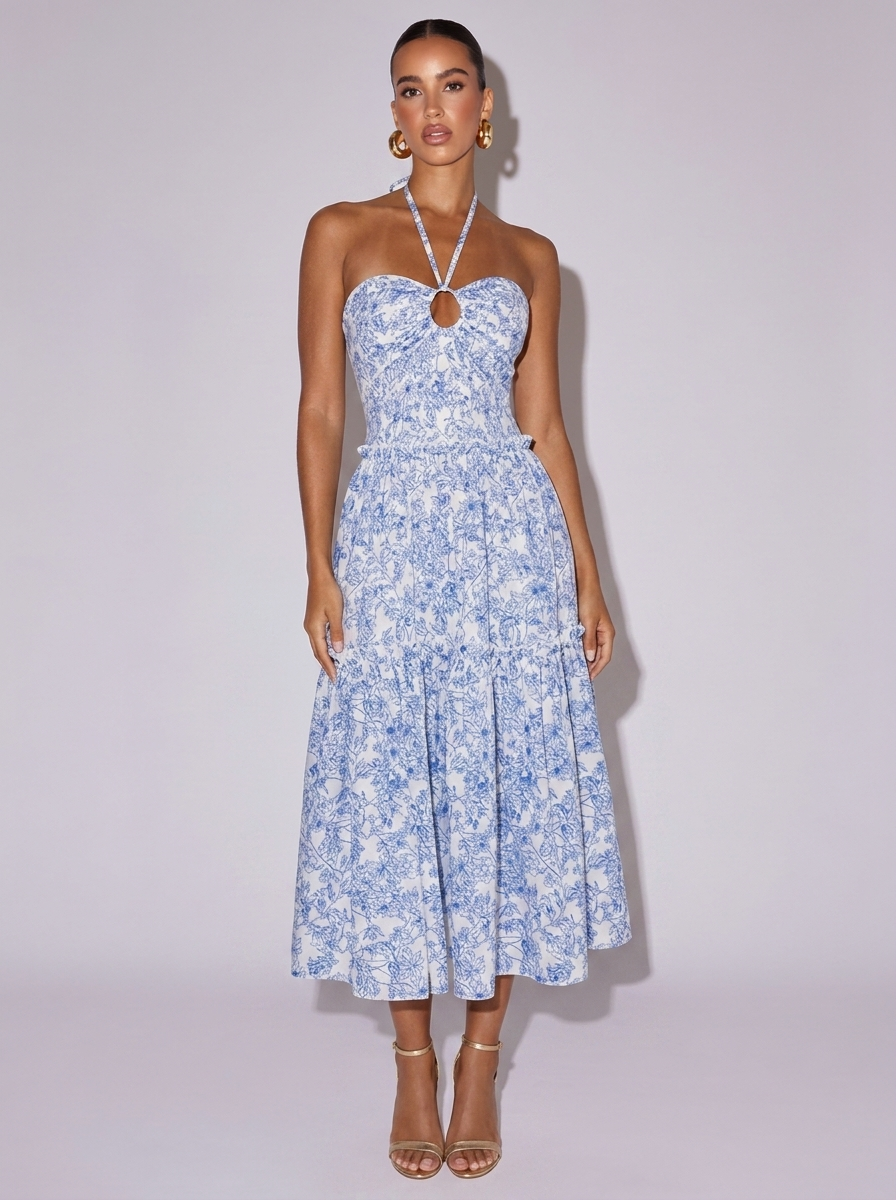 Santorini Floral Print Halter Neck Dress in Blue