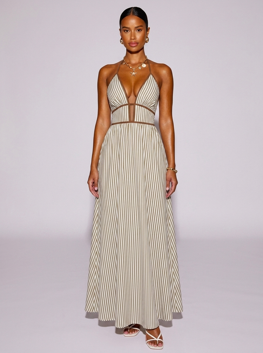 Santorini Tied Striped Halter Neck Dress in Khaki