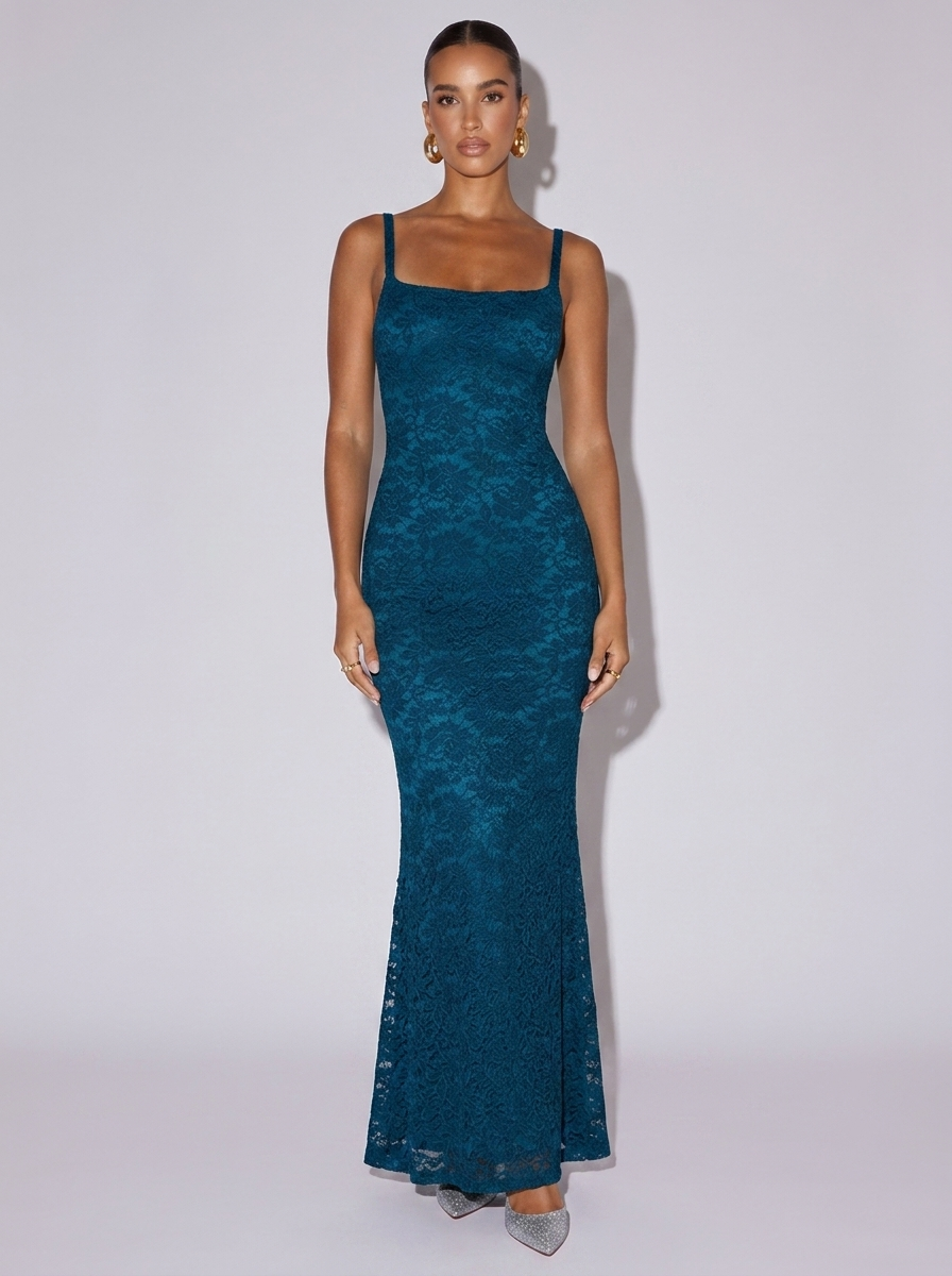 Miami Lace Square Neck Dress in Peacock Blue