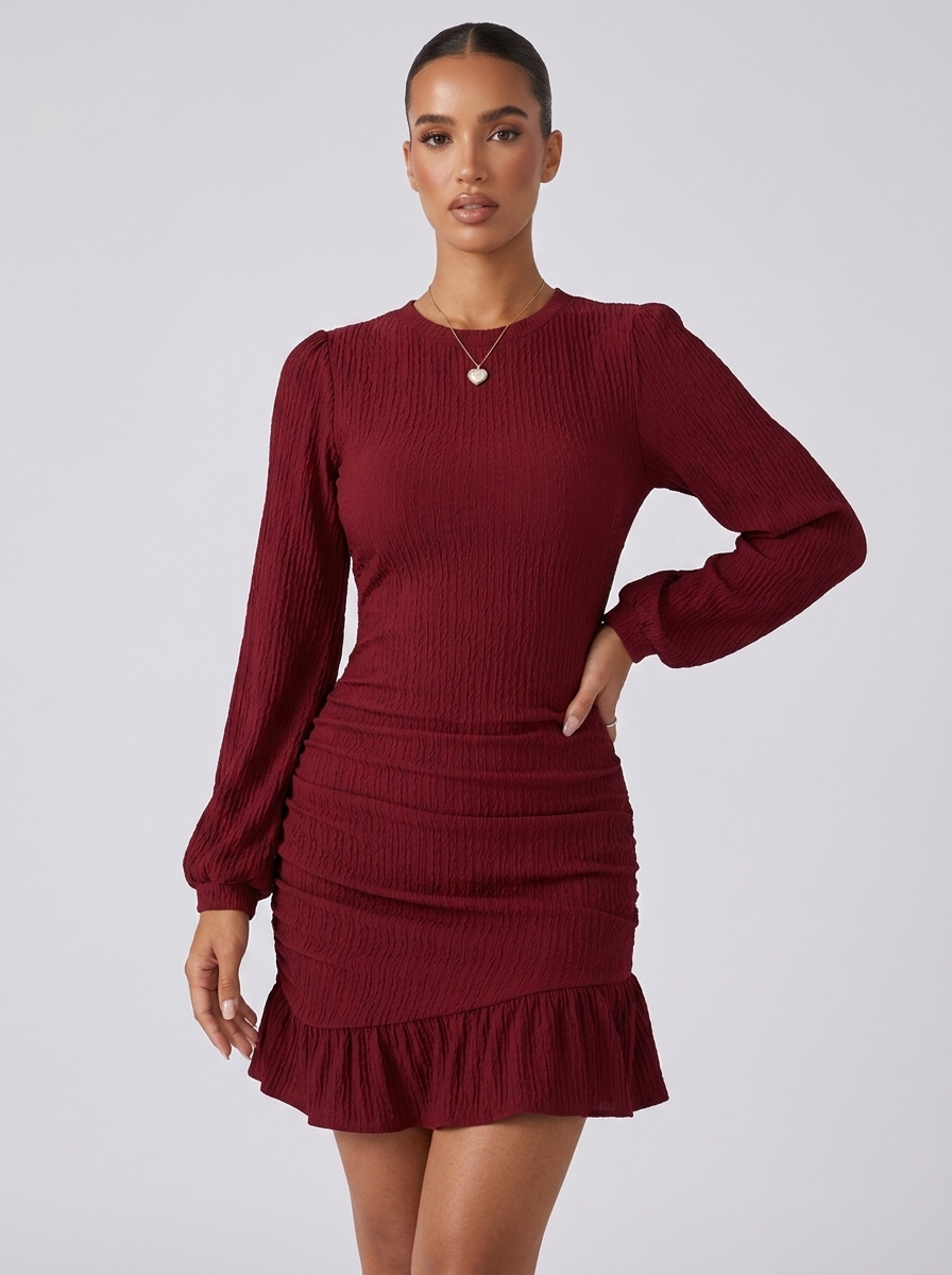 Rome Ruffled Long Sleeve Dress in Burgundy