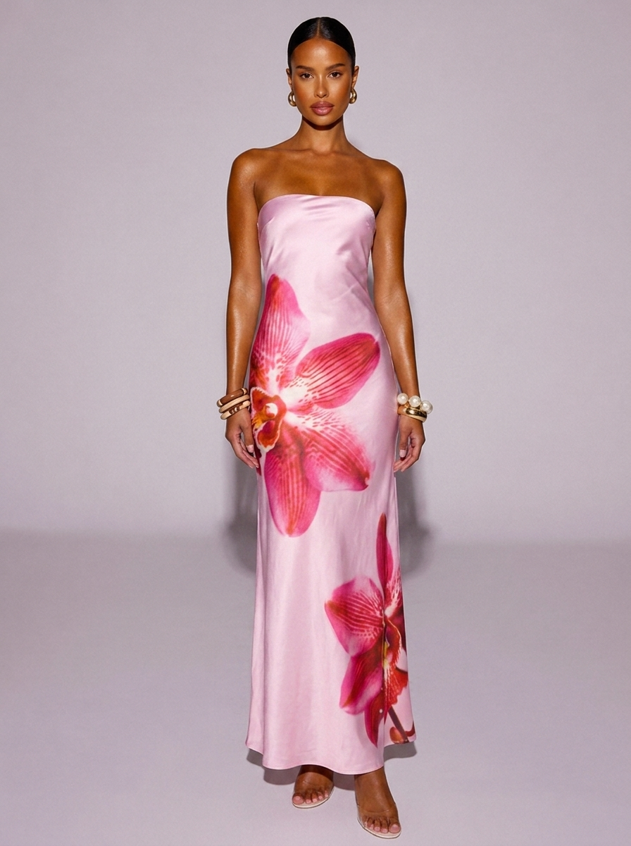 Ibiza Floral Printed Tube Dress in Pink