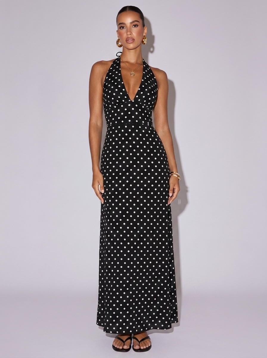 London Polka Dot Halter Neck Dress in Black