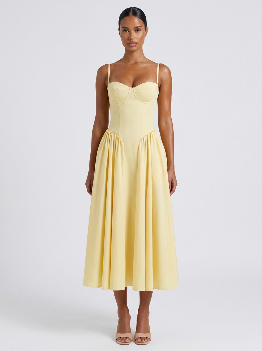 Santorini Sweetheart Neck Ruched Dress in Pale Yellow
