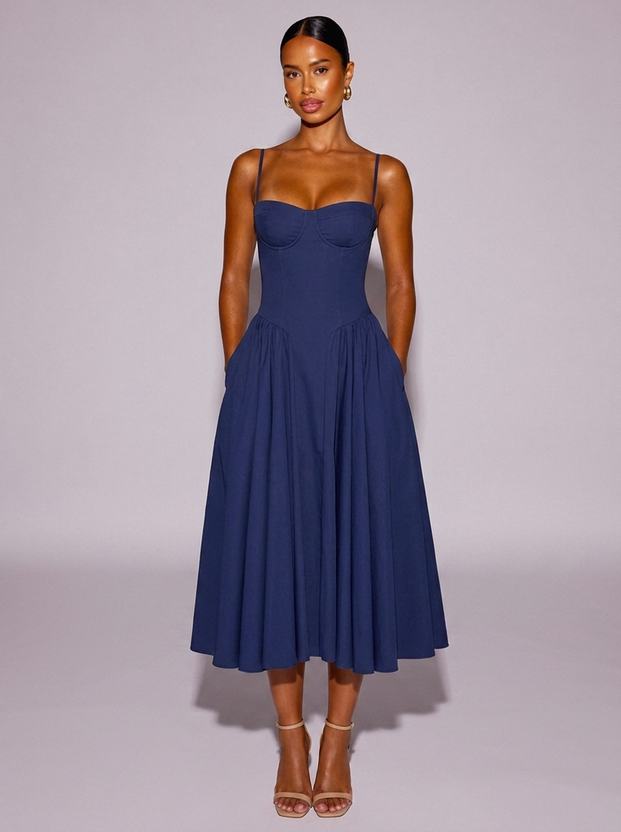Santorini Sweetheart Neck Ruched Dress in Navy Blue