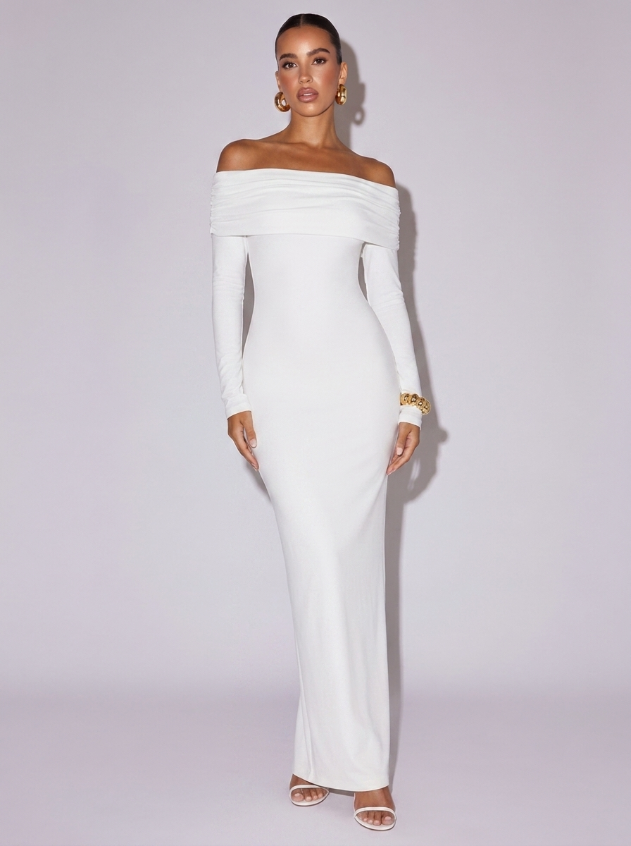New York Off-Shoulder Long Sleeve Maxi Dress in White