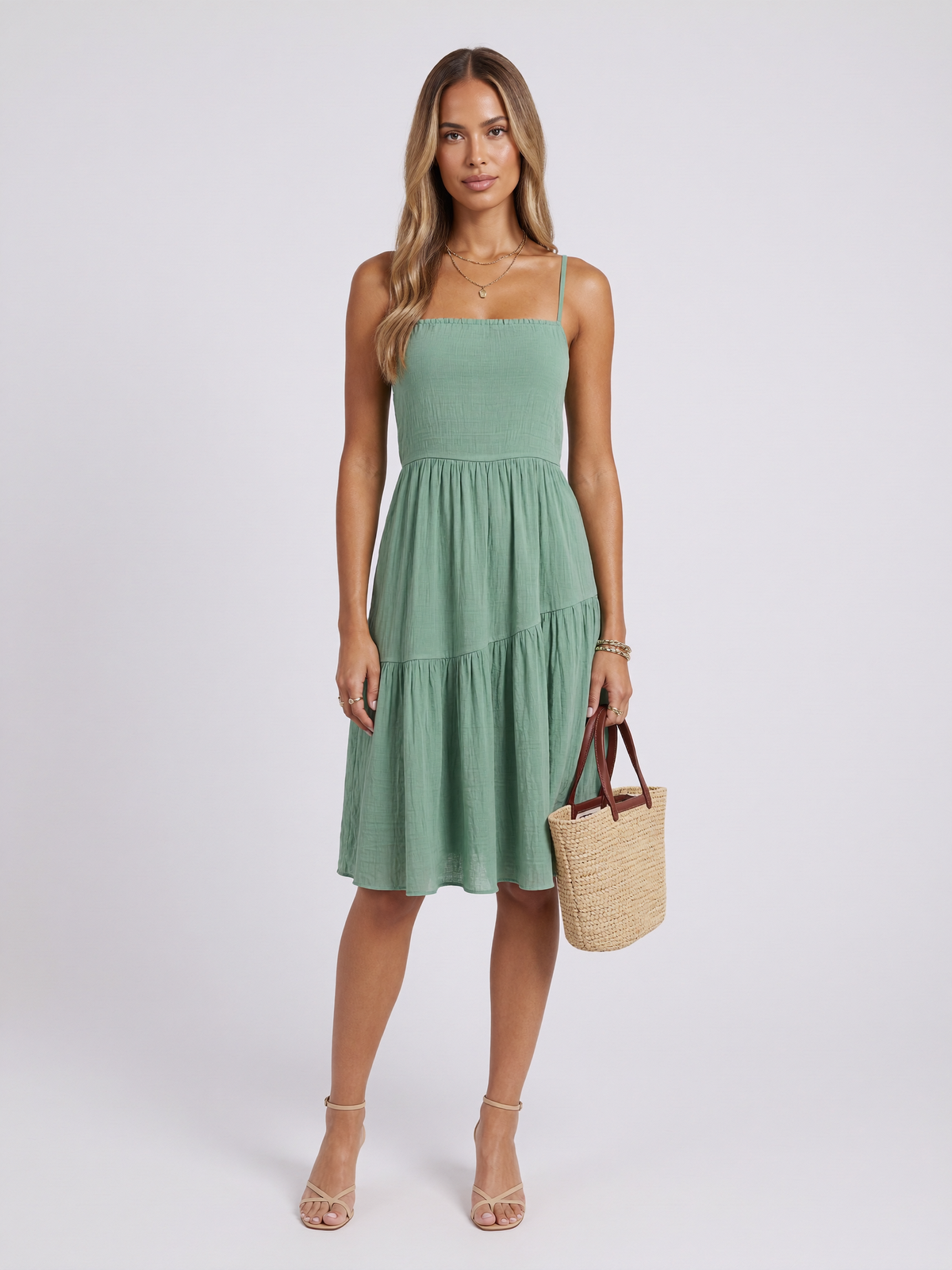 Casual Spaghetti Strap Gauze Dress in mint green, back view