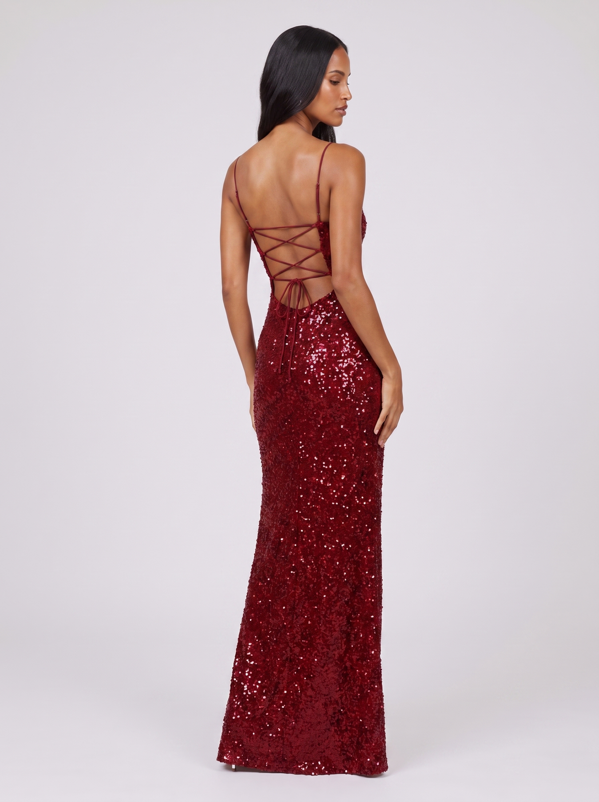 Miami Sequin Backless Split Dress in Wine — back