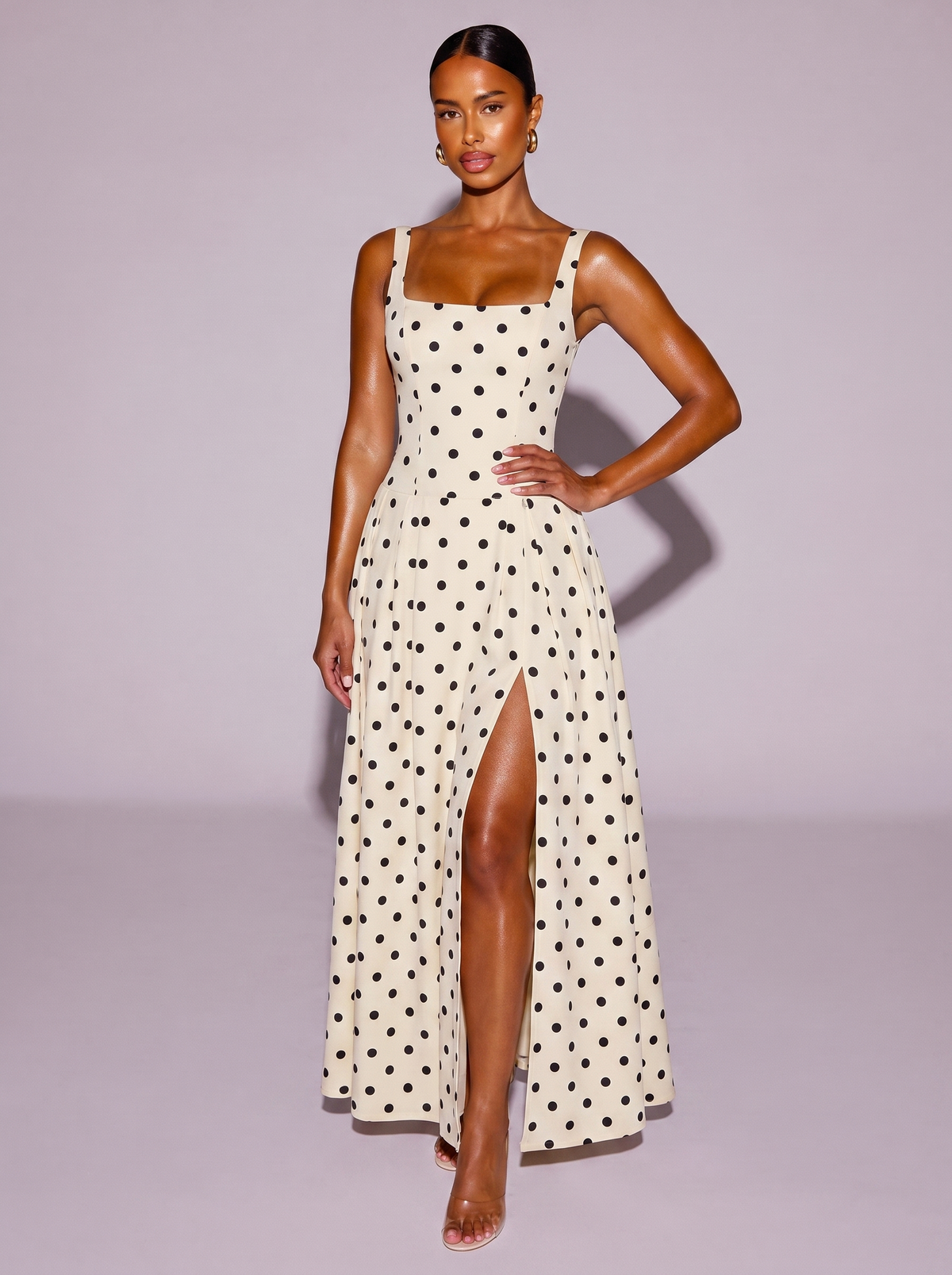 Monaco Polka Dot Square Neck Dress in Cream