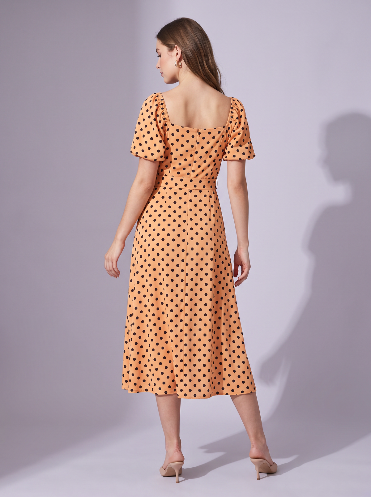 Paris Polka Dot Puff Sleeve Dress in Apricot