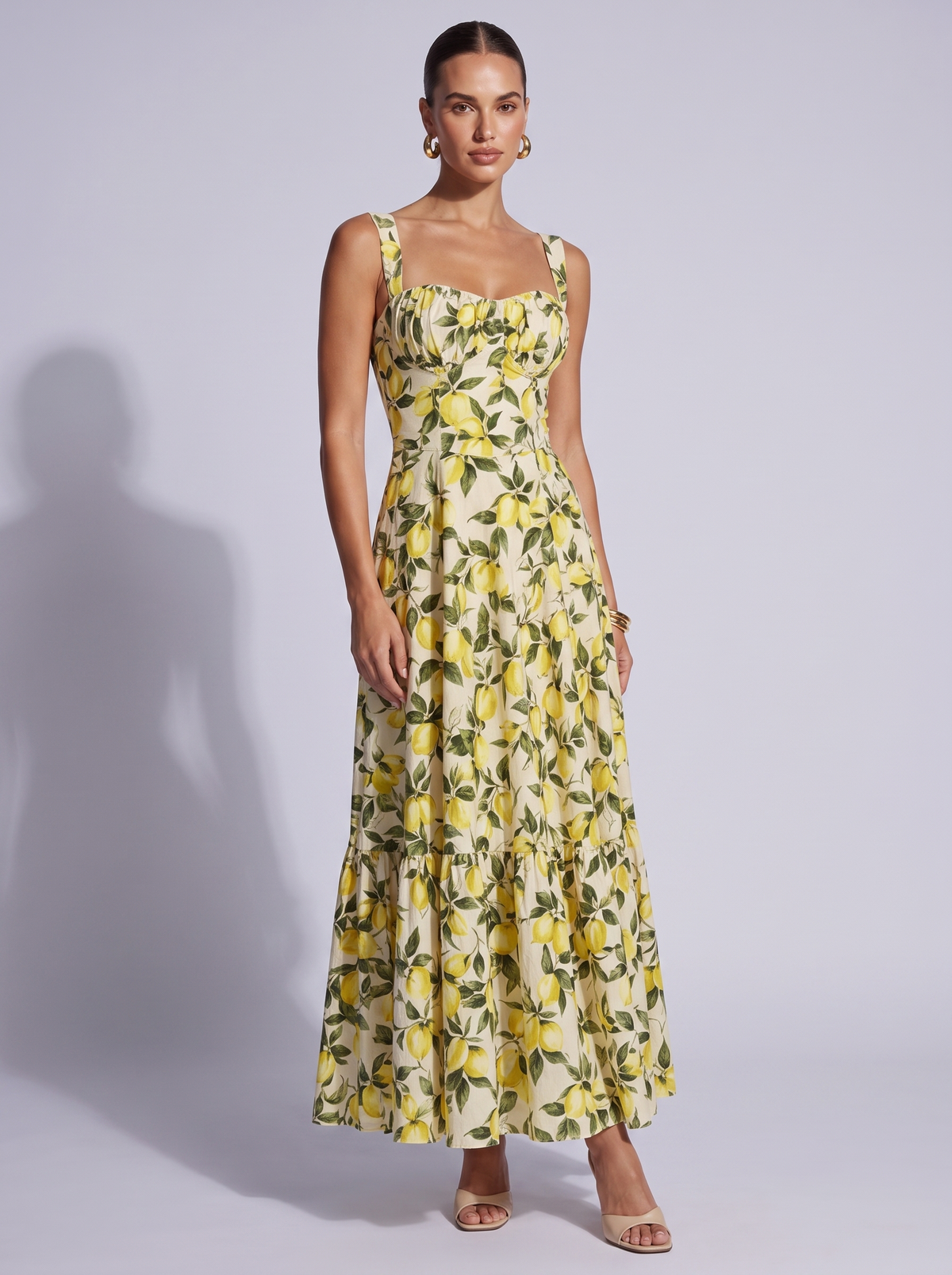 Santorini Lemon Print Sweetheart Neck Dress in Light Yellow