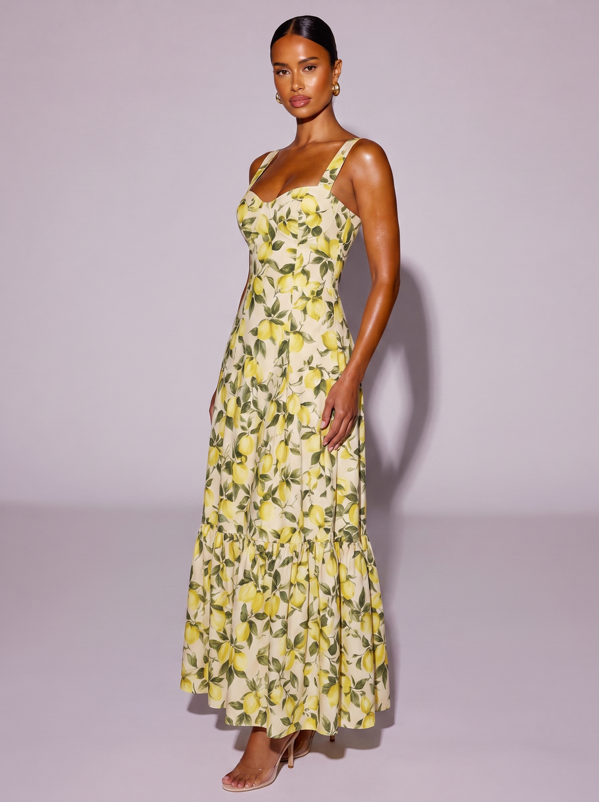 Santorini Lemon Print Sweetheart Neck Dress in Light Yellow
