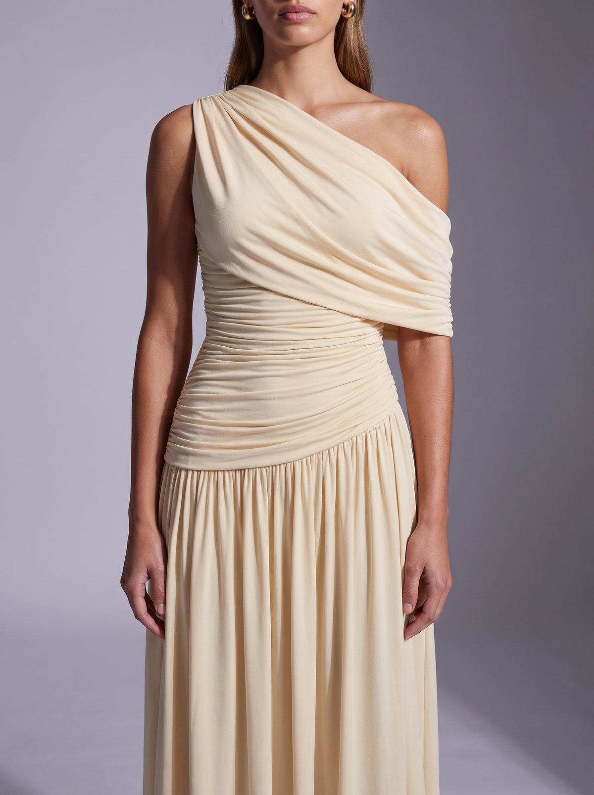 Monaco One-Shoulder Ruched Dress in Beige
