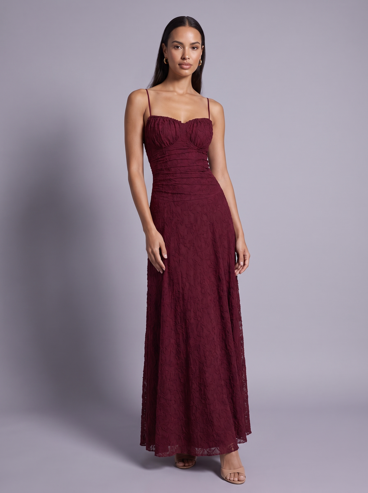 London Lace Spaghetti Strap Dress in Burgundy