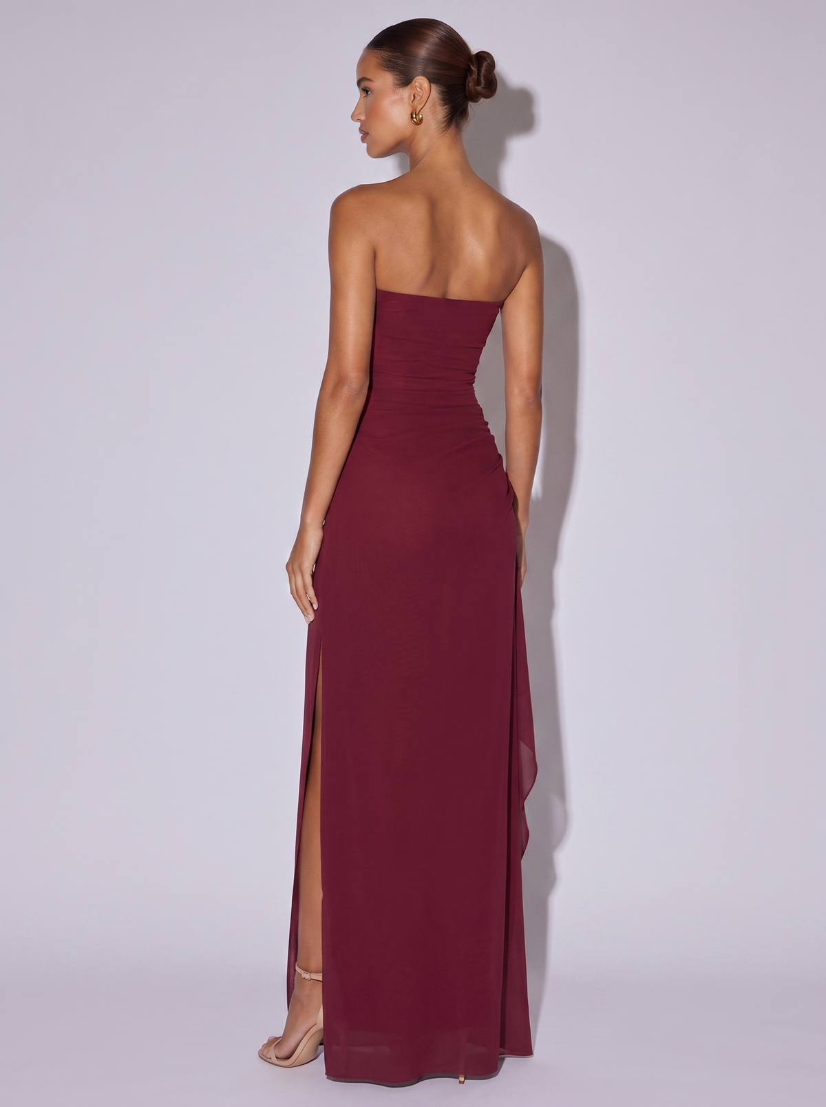 Monaco Strapless Ruched High Slit Dress in Burgundy