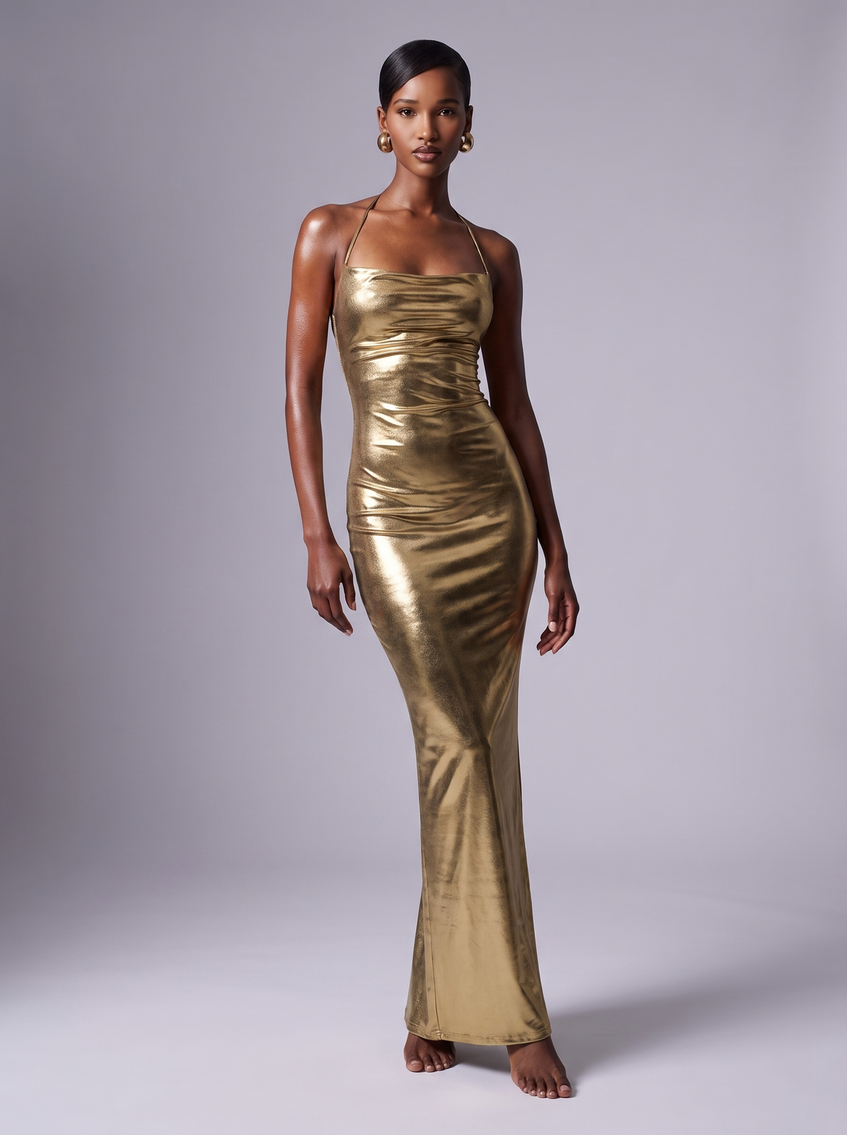 Los Angeles Ruched Halter Neck Dress in Gold