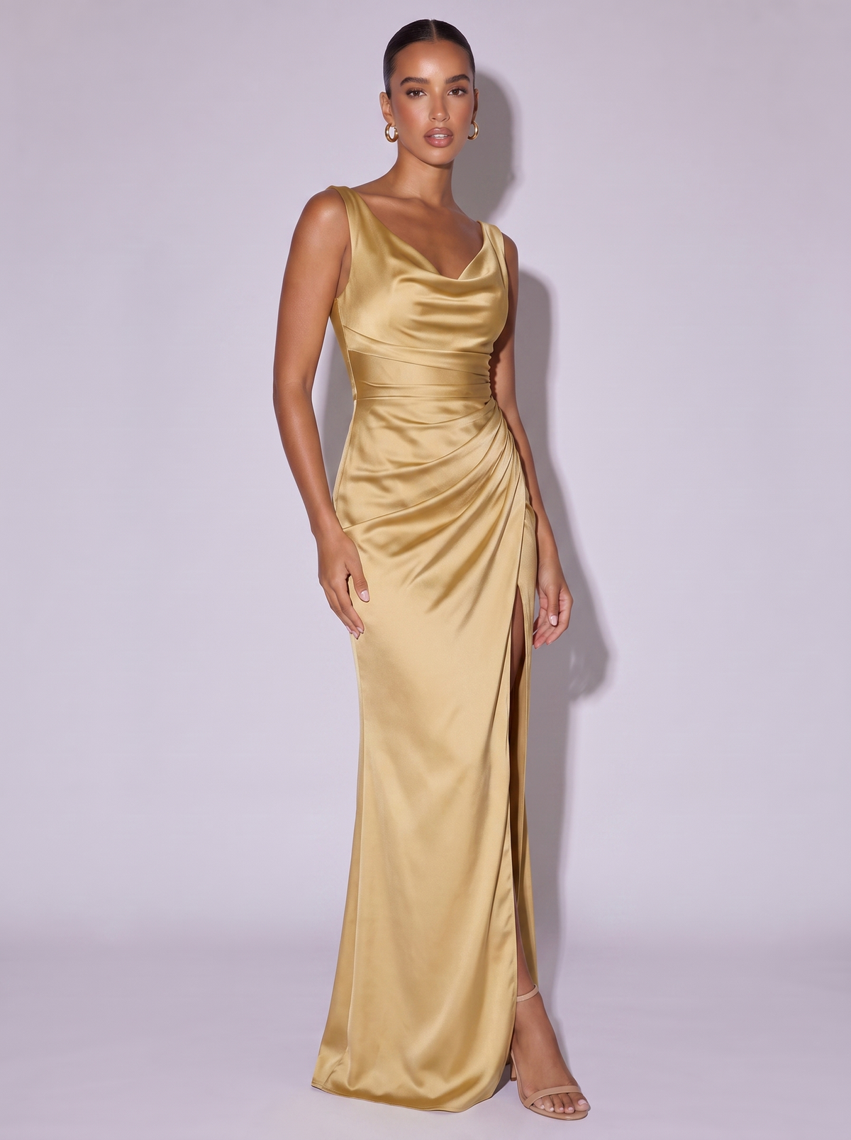 Monaco Satin Cowl Neck High Slit Dress in Champagne Color