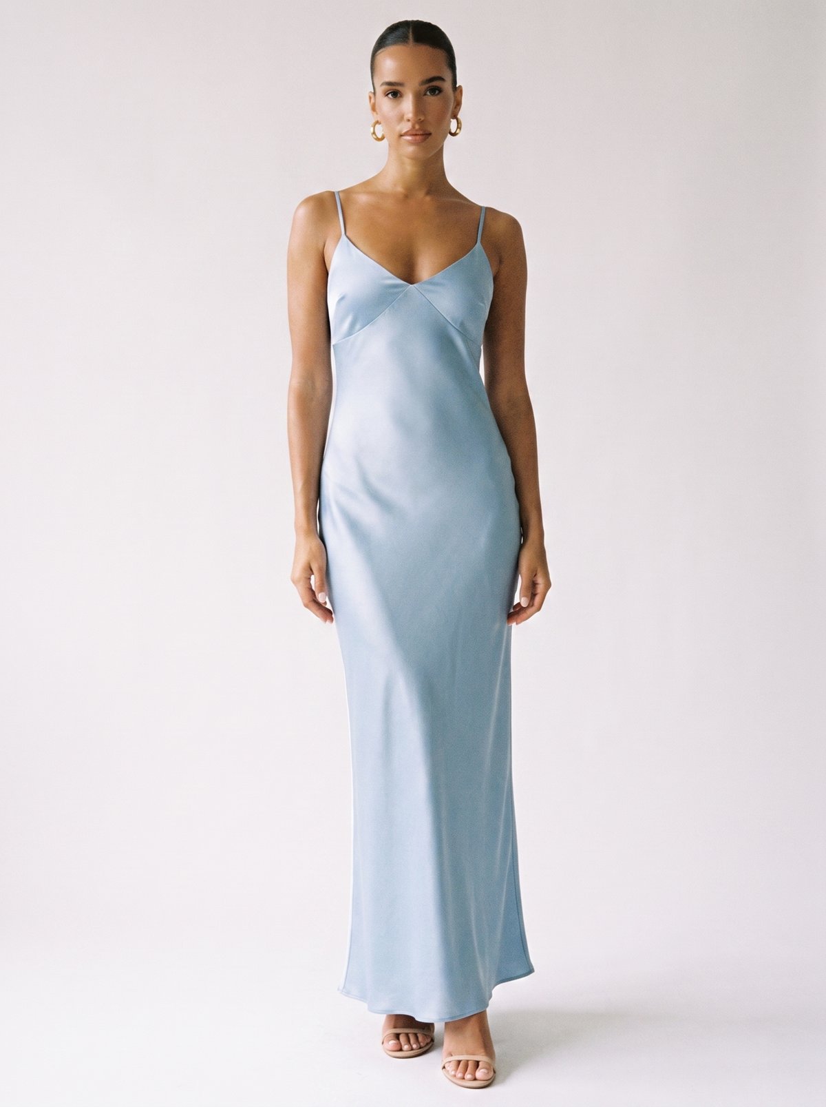 New York Satin Backless Cami Dress in Light Blue
