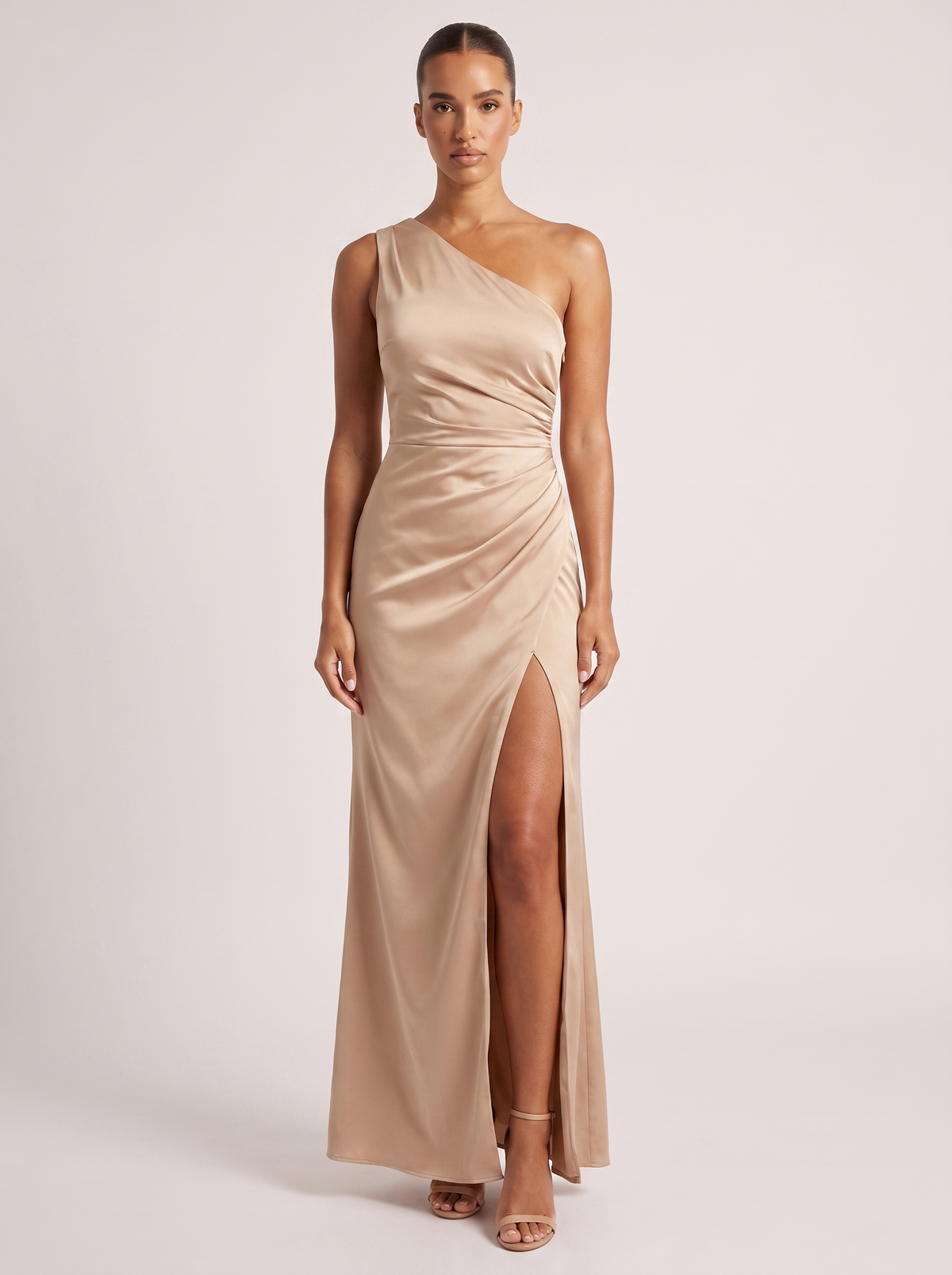 Monaco One Shoulder Satin High Slit Dress in Beige